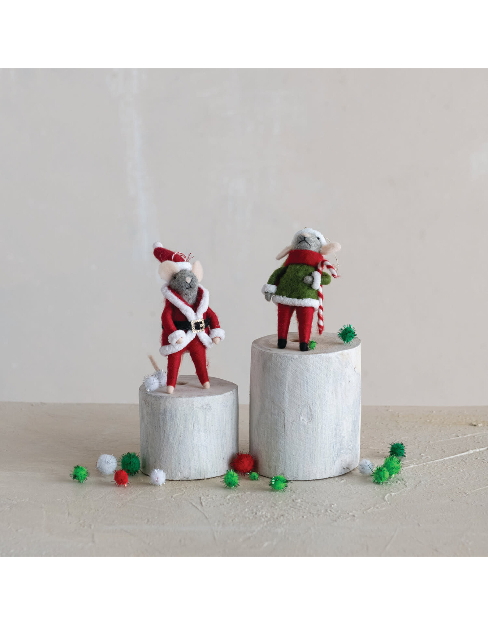 4-1/4"H Wool Felt Santa/Elf Mouse Ornament, 2 Asst