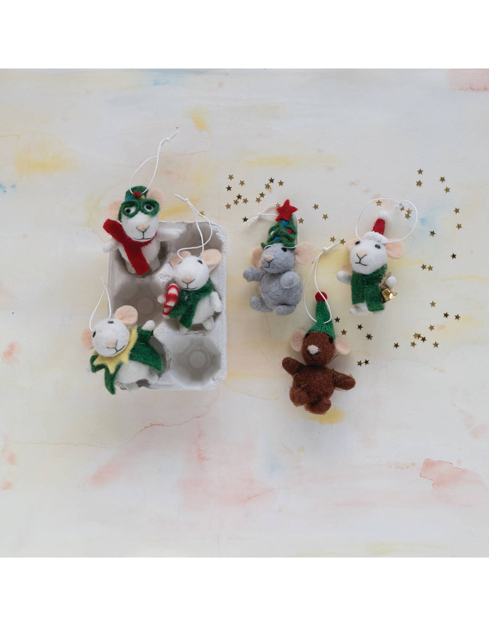 3"L Polyester & Wool Mouse Ornament 6 styles, each