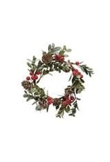 4" Round Faux Boxwood Wreath w/ Natural Pinecones & Red Berries, Snow Finish XS3315