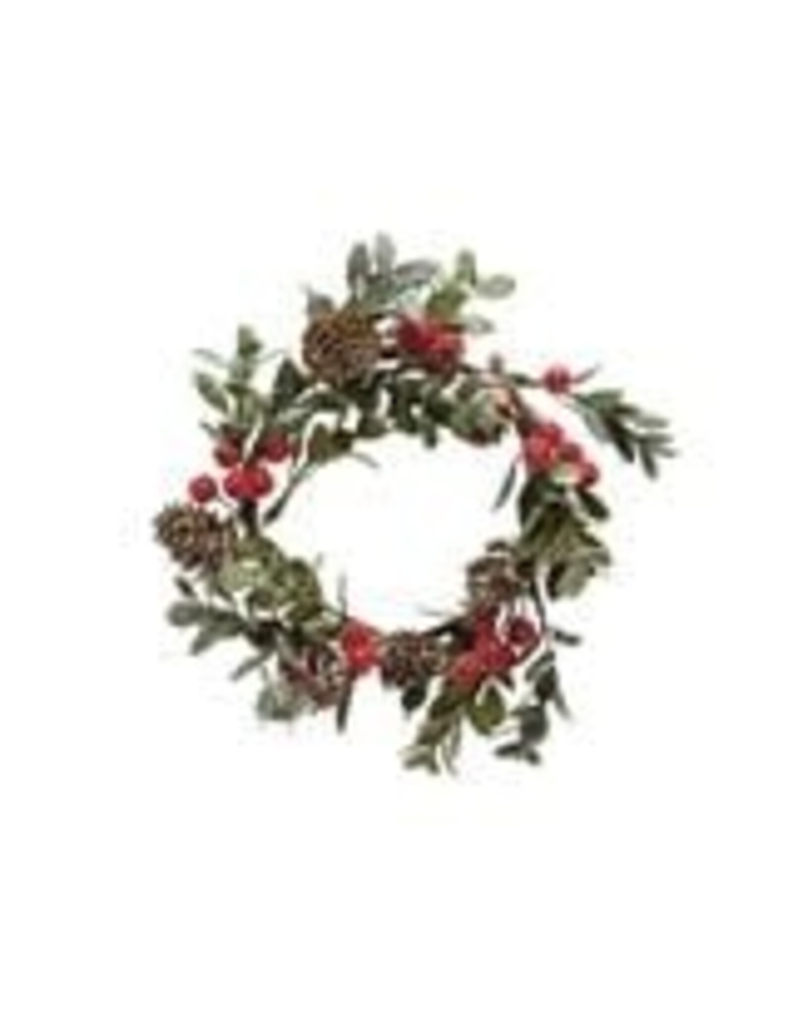 4" Round Faux Boxwood Wreath w/ Natural Pinecones & Red Berries, Snow Finish XS3315