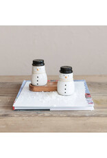 Stoneware Snowmen  Salt & Pepper Shakers w/ Acacia Wood Tray, Set of 3 XS5874