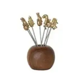 S/9 2-1/4"Rd x 2"H Mango Wood Holder w Appetizer Picks