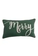 Slub Lumbar Pillow with Embroidered "Merry", Green & Natural  XS8976