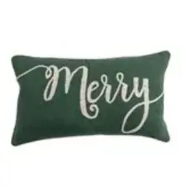 Slub Lumbar Pillow with Embroidered "Merry", Green & Natural  XS8976