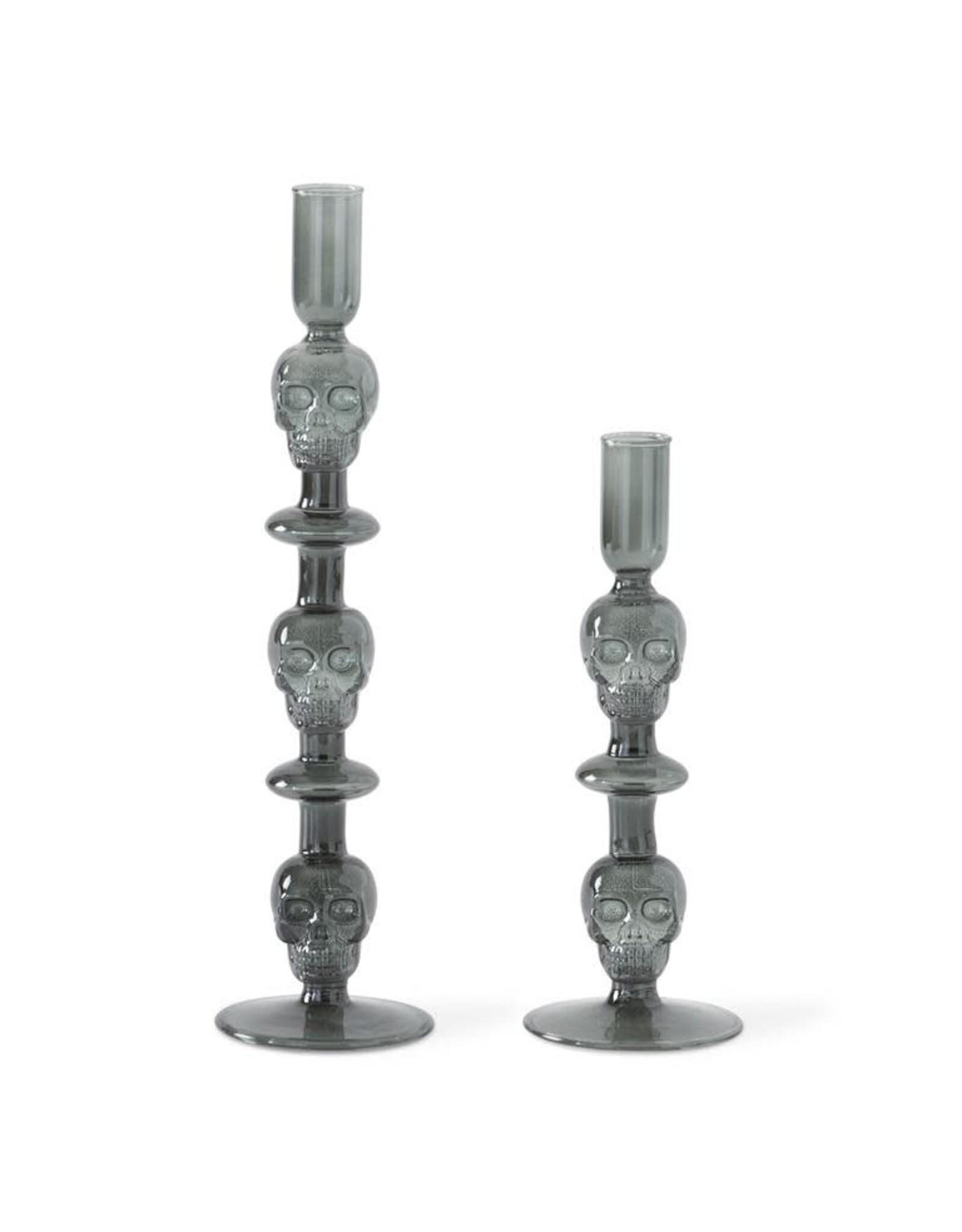 Gray Glass Skull Taper Candleholders  42530A