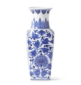 14 Inch Ceramic Blue & White Chinoiserie Square Vase 15299A
