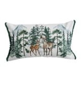 Velvet Lumbar Pillow w/ Woodland Deer  Embroidery & Fringe XS8965