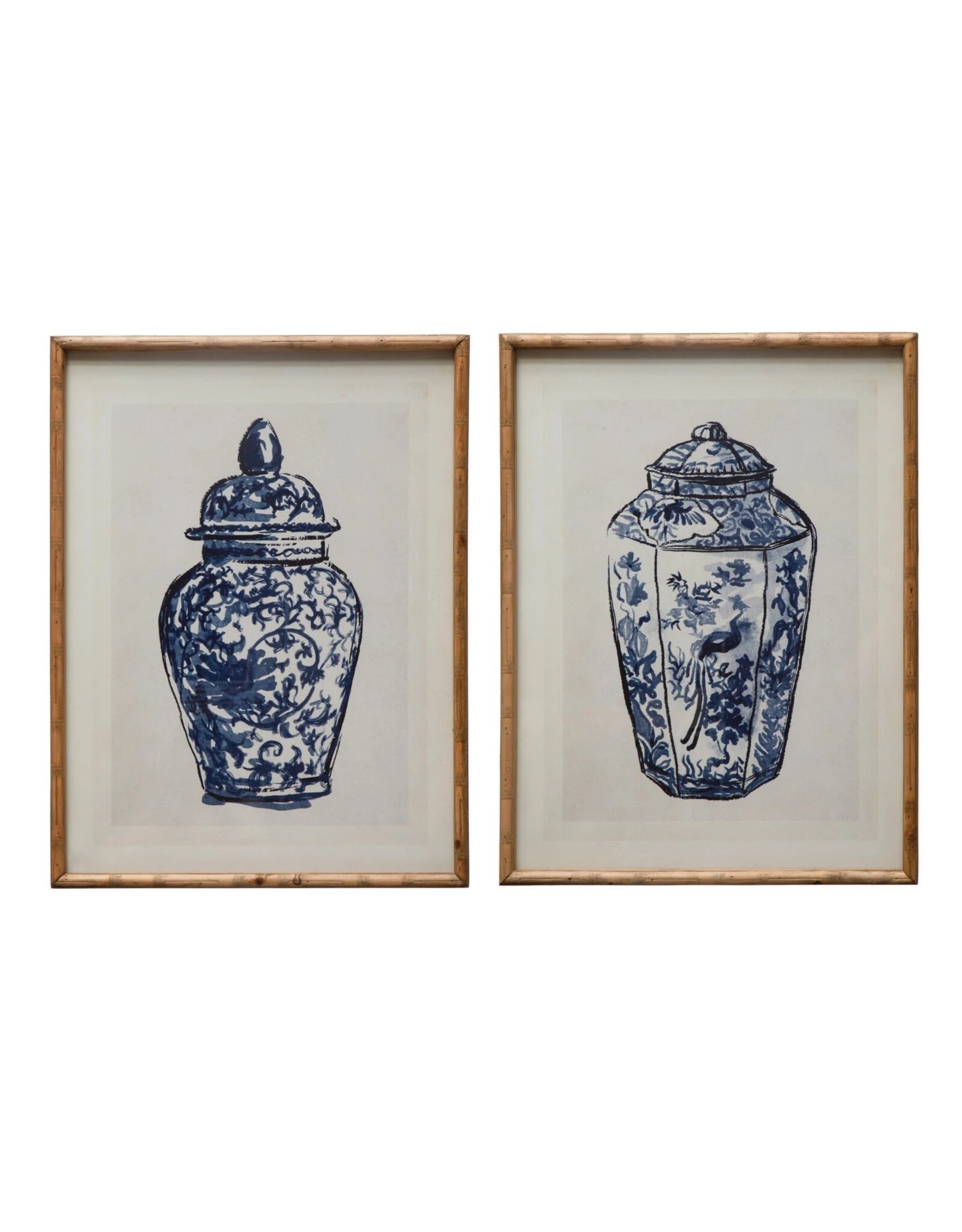 Wood Framed Glass Wall Décor w/ Cachepot, Blue & White, 2 Styles DF7362A