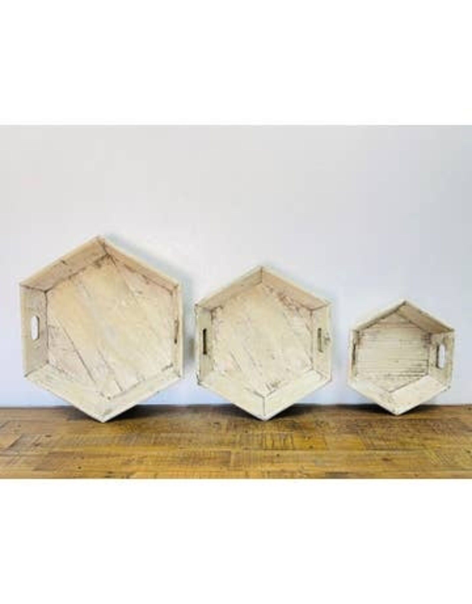 Hexagonal Wood Tray, Ant White, SM - 2.5"Hx14"Lx12"W