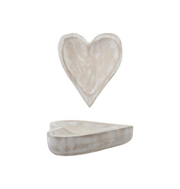 DG2387 Paulownia Wood Heart Shaped Dish, Whitewash