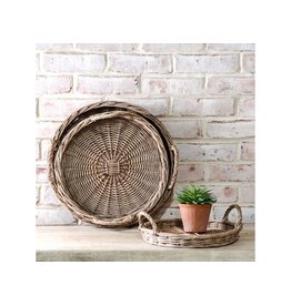 HX33218-MED ROUND WILLOW TRAY W/ HANDLES 13.6X4