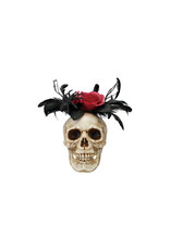 Plastic Skull Decor W Faux Flowers & Feathers, White, Black & Red