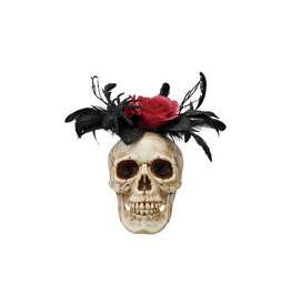 Plastic Skull Decor W Faux Flowers & Feathers, White, Black & Red