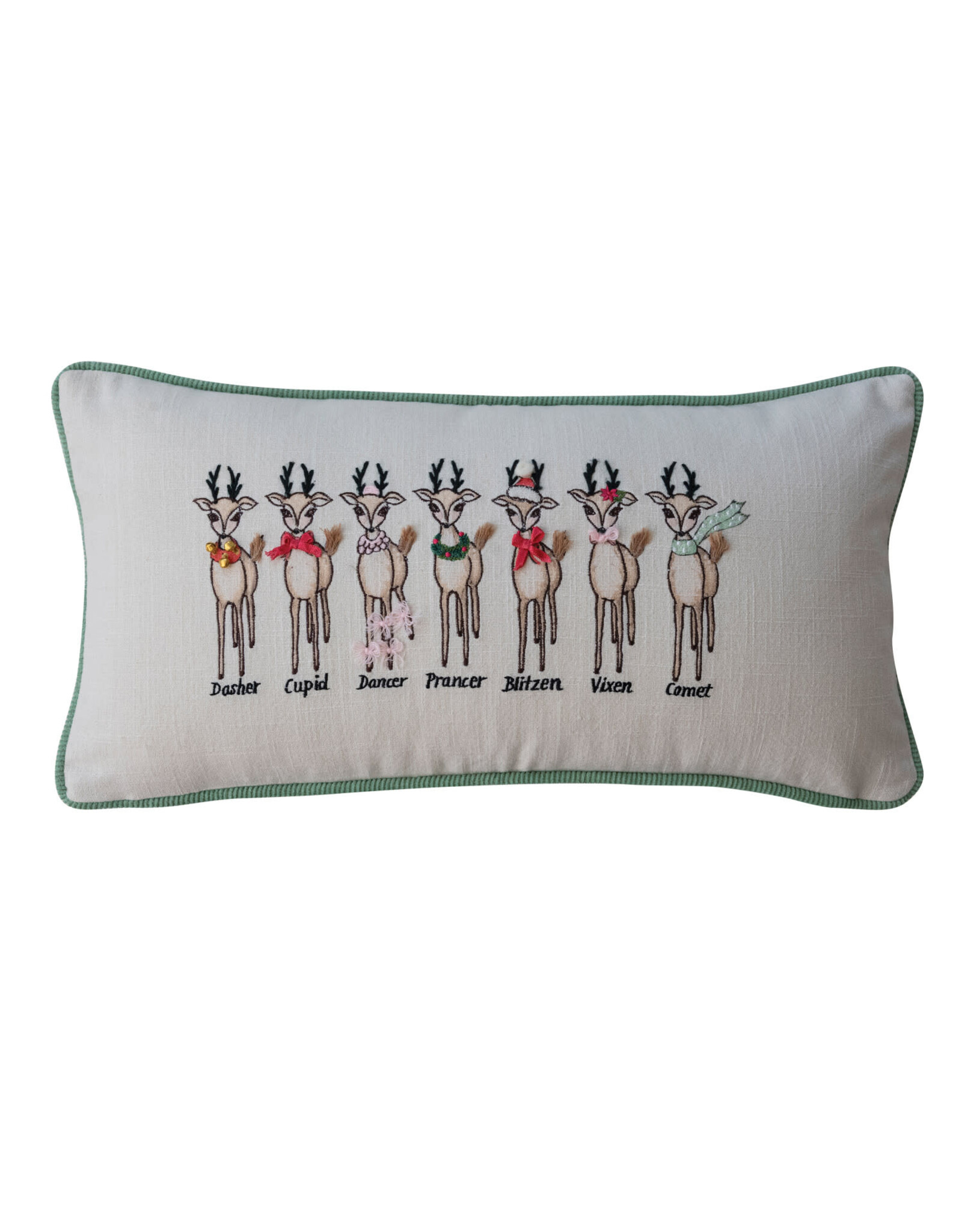 Cotton Printed Lumbar Pillow w Reindeer, Embroidery, Piping & Velvet Back