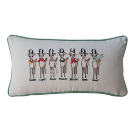 Cotton Printed Lumbar Pillow w Reindeer, Embroidery, Piping & Velvet Back