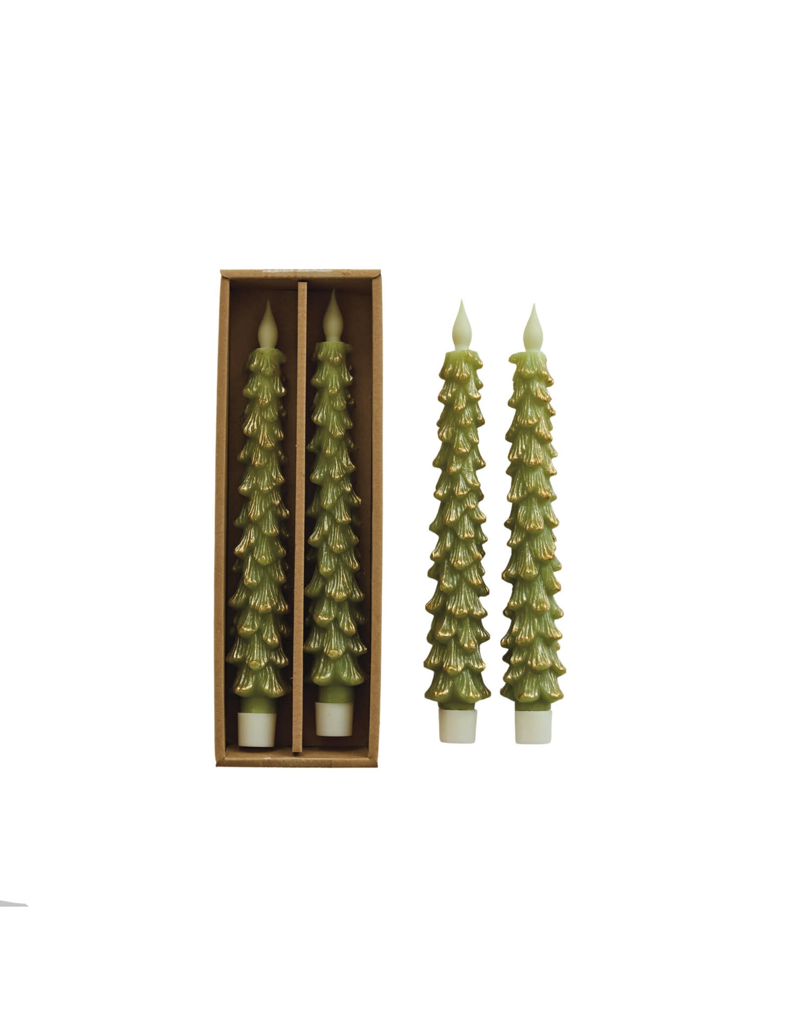 S/2 Flameless LED Tree Shaped Taper Candles in Box, Green
