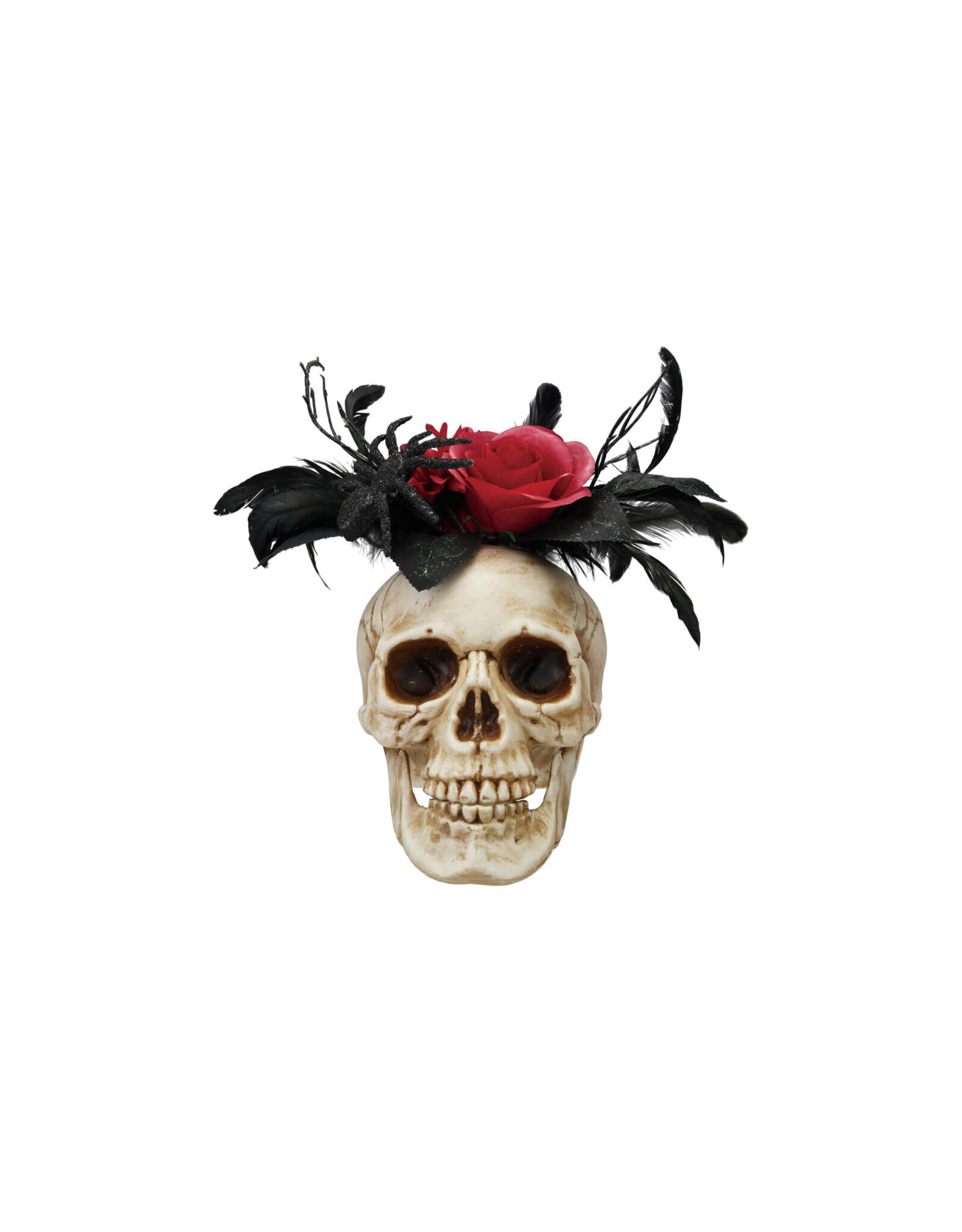 Plastic Skull Decor W Faux Flowers & Feathers, White, Black & Red