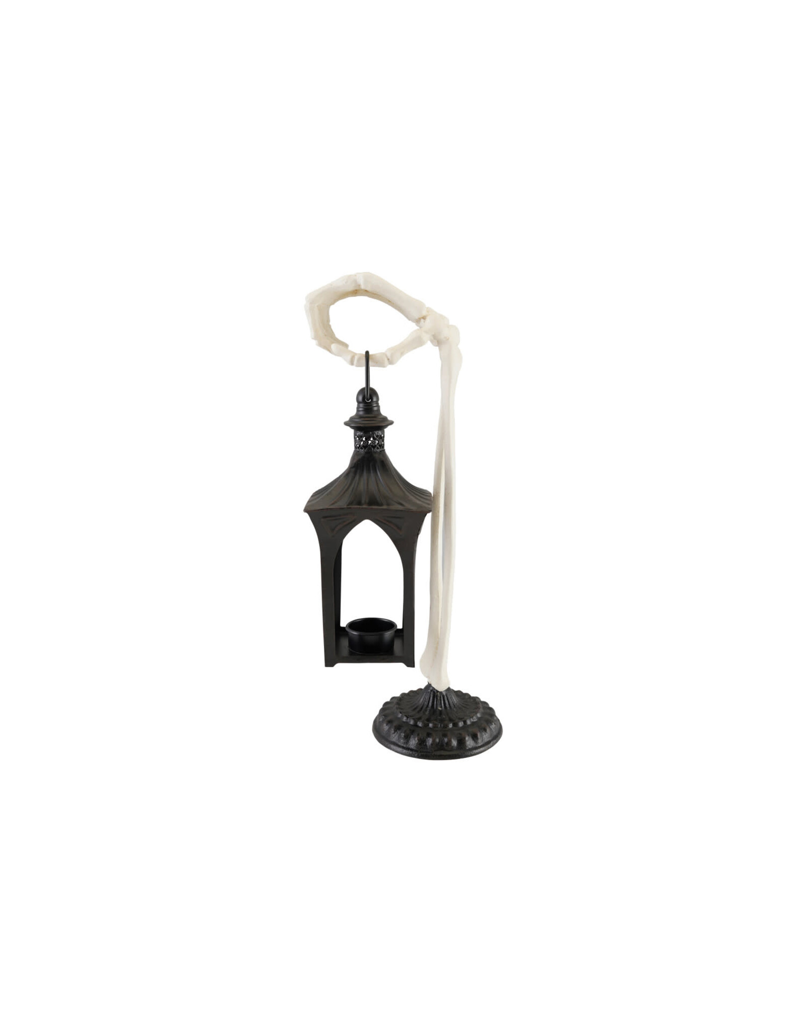 HX2036 Metal Lantern Tealight Holder with Skeleton Hand Holder, Black & Bone Finish
