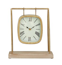 73325 Gold Hanging Clock w/Wood Base, 10" x 5" x 11"
