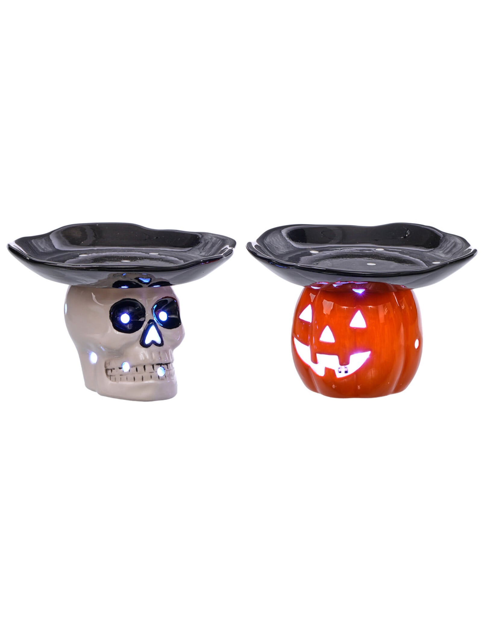 Cer Pumpkin/Skeleton Head Led Dish 2 Asst