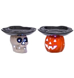 Cer Pumpkin/Skeleton Head Led Dish 2 Asst