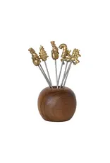 S/9 2-1/4"Rd x 2"H Mango Wood Holder w Appetizer Picks