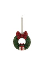 Hand-Painted Ceramic Wreath Shaped Taper Holder W Bow, Green & Red