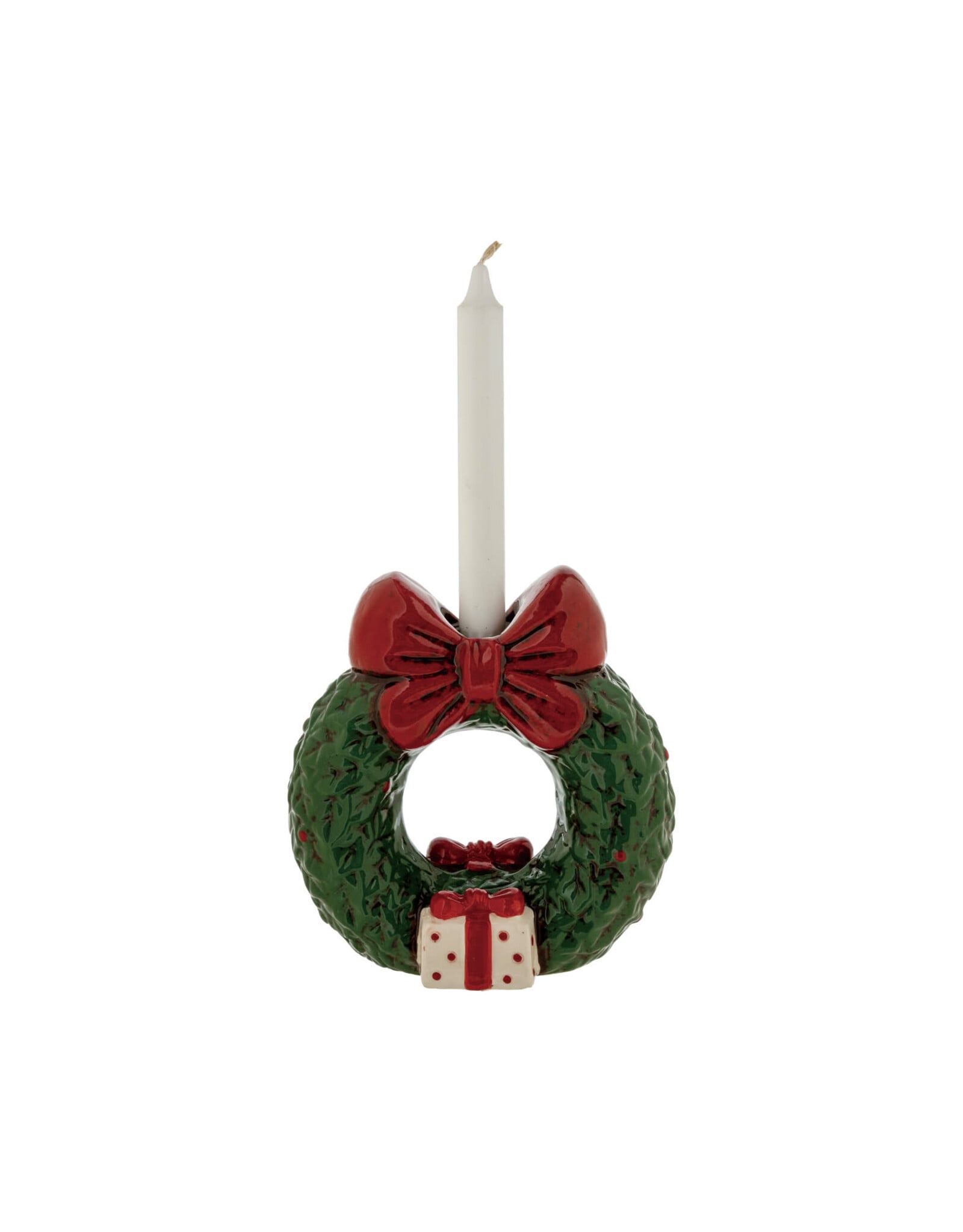 Hand-Painted Ceramic Wreath Shaped Taper Holder W Bow, Green & Red