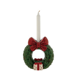 Hand-Painted Ceramic Wreath Shaped Taper Holder W Bow, Green & Red