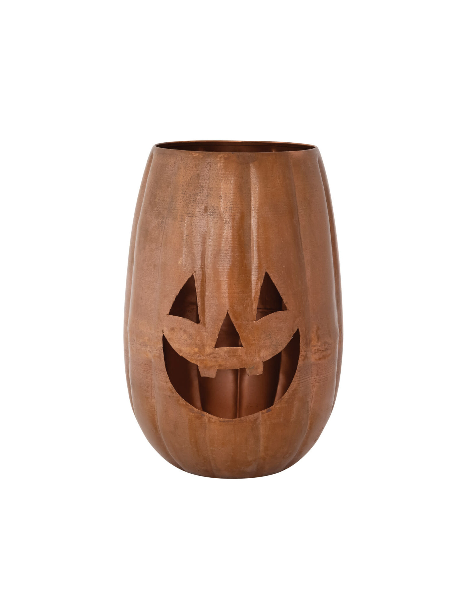 Metal Jack-O-Lantern Candle Holder w Cut-Outs, Copper Finish