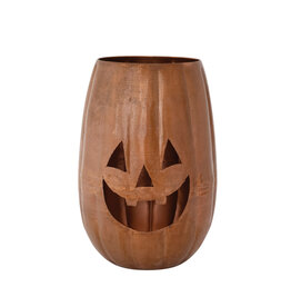 Metal Jack-O-Lantern Candle Holder w Cut-Outs, Copper Finish