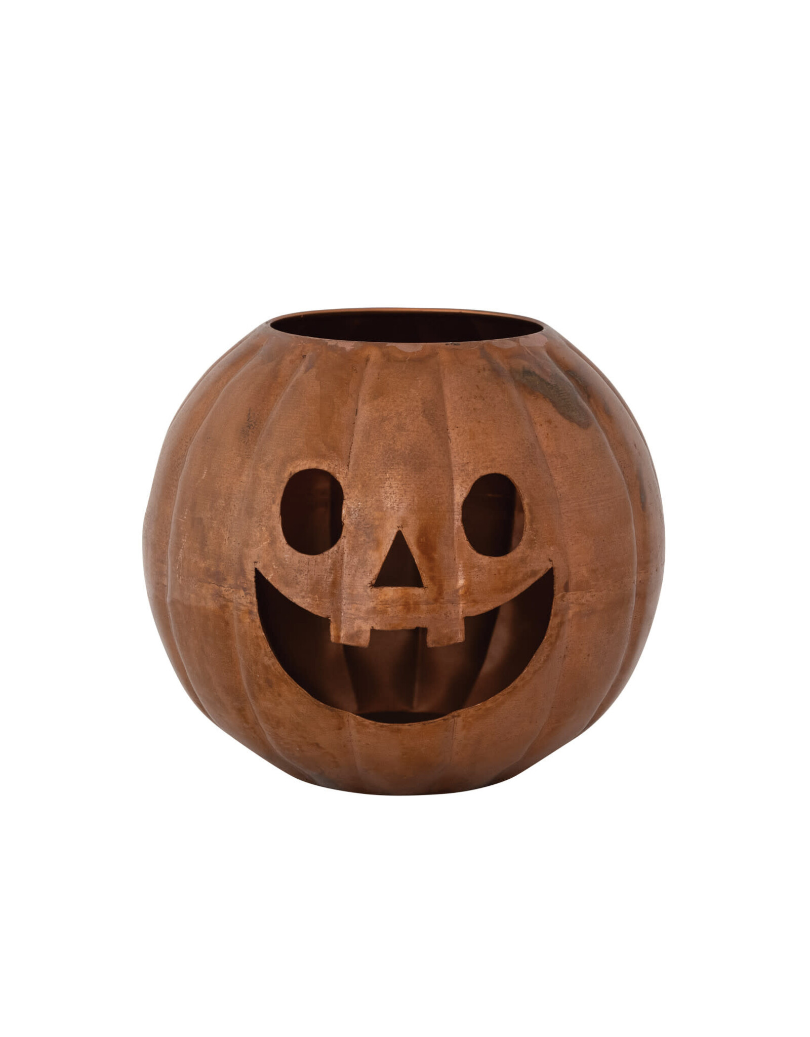 Metal Jack-O-Lantern Candle Holder w Cut-Outs, Copper Finish