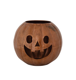 Metal Jack-O-Lantern Candle Holder w Cut-Outs, Copper Finish