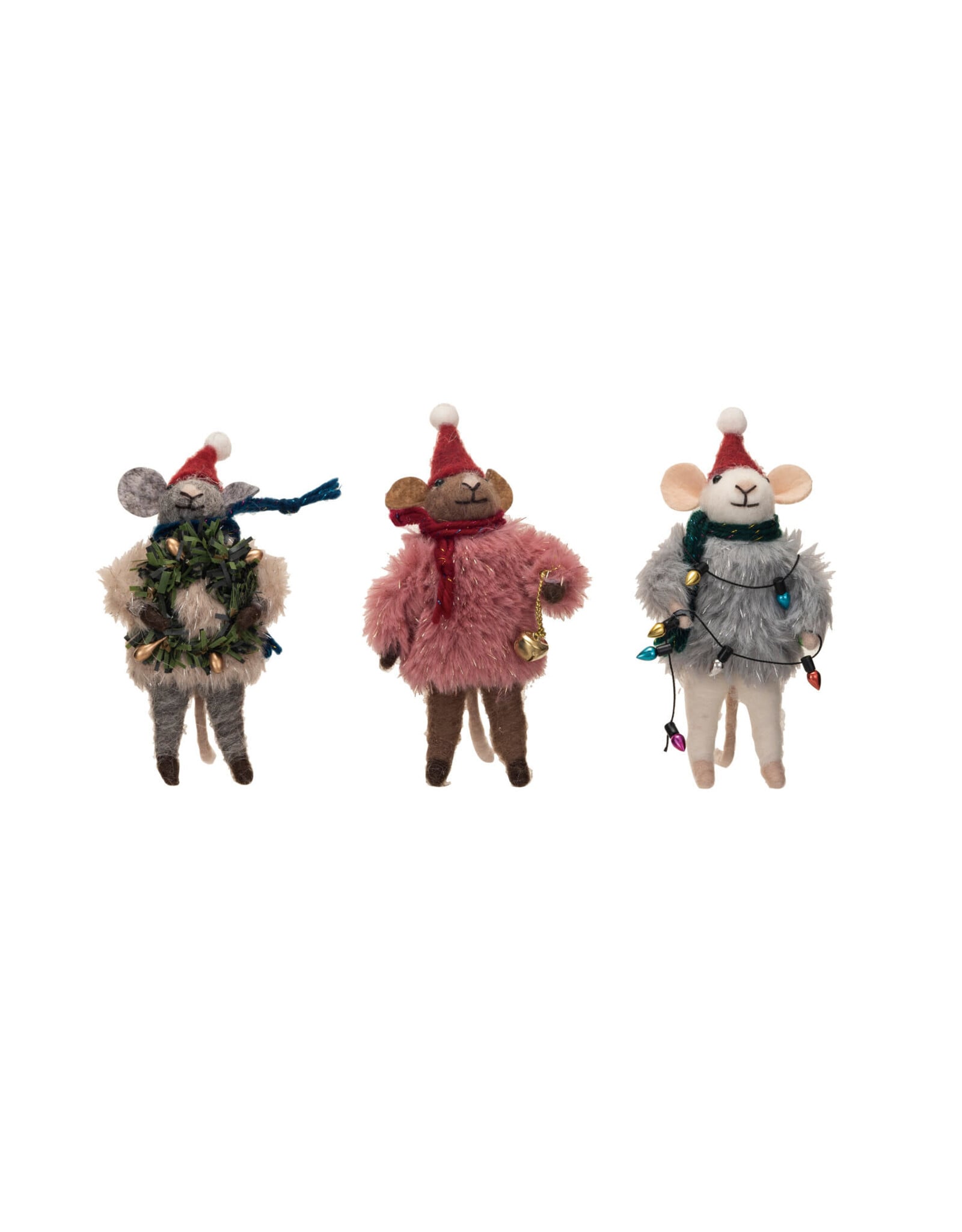 5-1/2"H Wool Felt Mouse w Faux Fur Sweater, 3 Styles