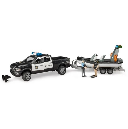 Bruder RAM 2500 Power Police Pickup with L+S, trailer, boat, and 2 figures