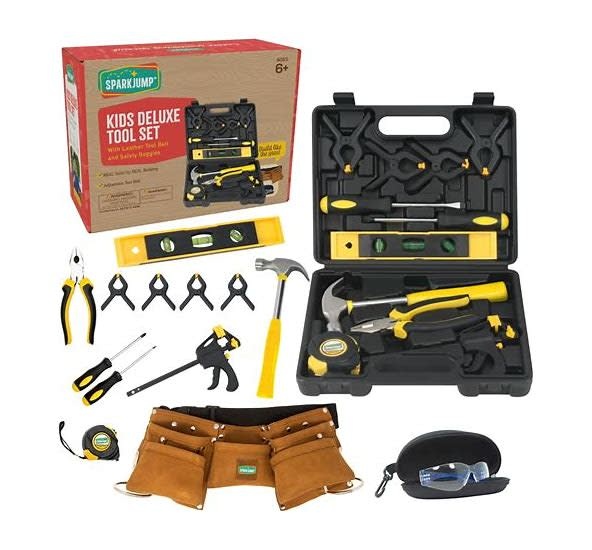 Kids Deluxe Tool Set with Leather Tool Belt & Safety Goggles
