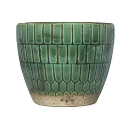 Terra Cotta Embossed Planter-  Green