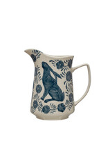 Hand-Painted Stoneware Pitcher - Blue & White Rabbit & Flowers