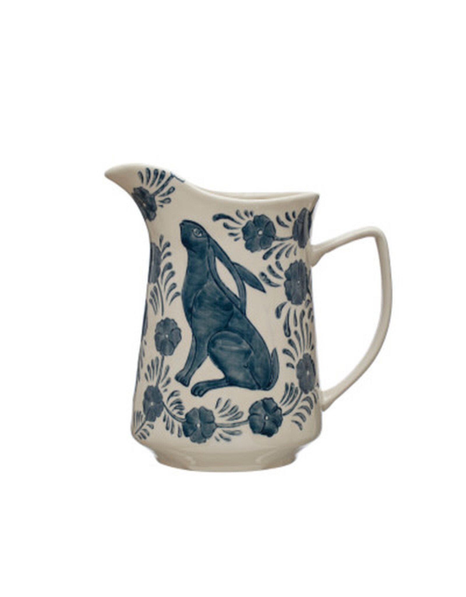 Hand-Painted Stoneware Pitcher - Blue & White Rabbit & Flowers