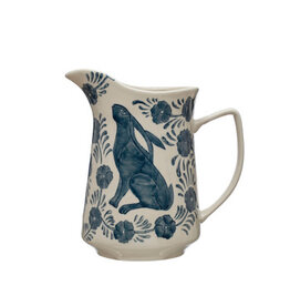 Hand-Painted Stoneware Pitcher - Blue & White Rabbit & Flowers