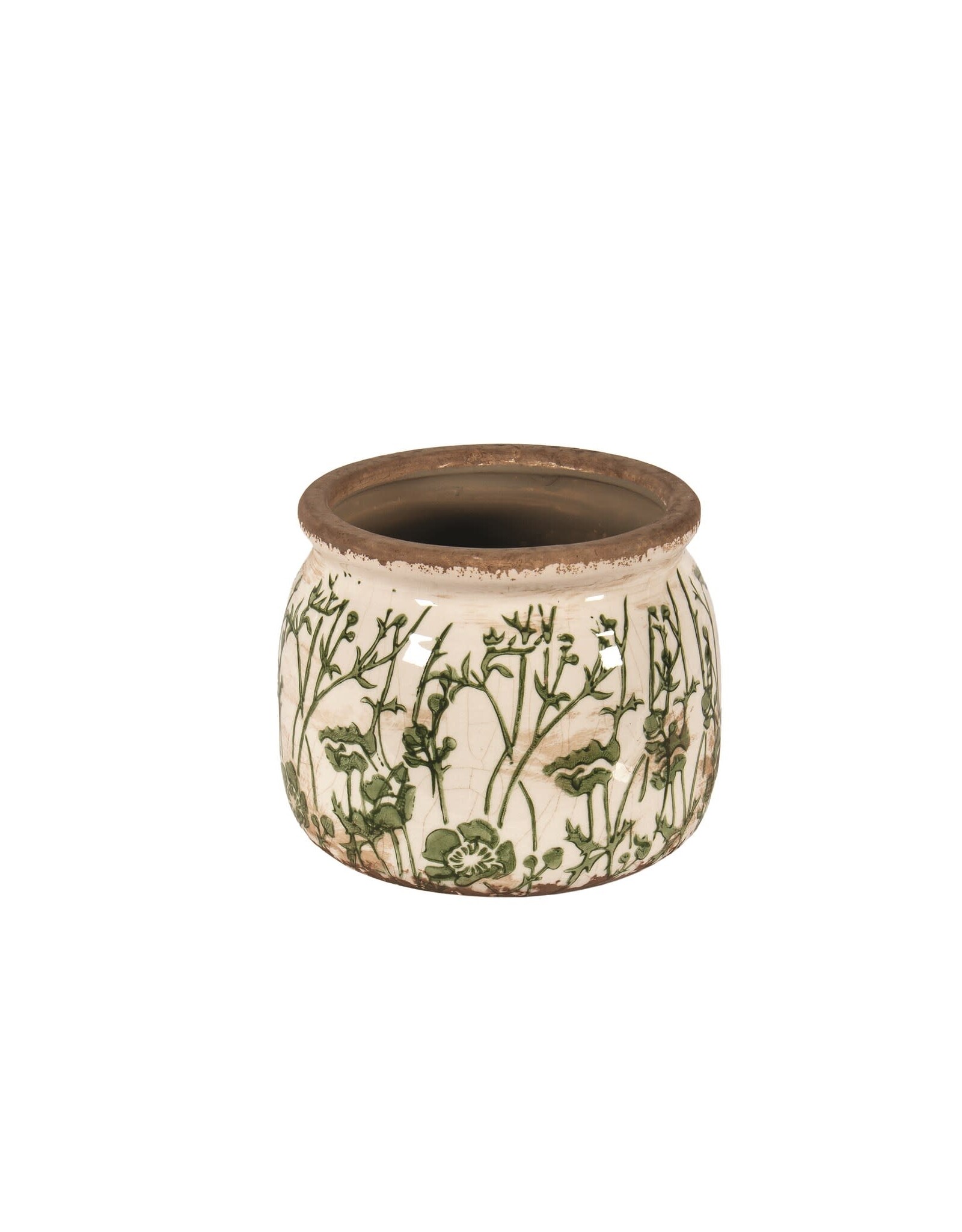 Ivory Pot with Green Floral Decal - 5"