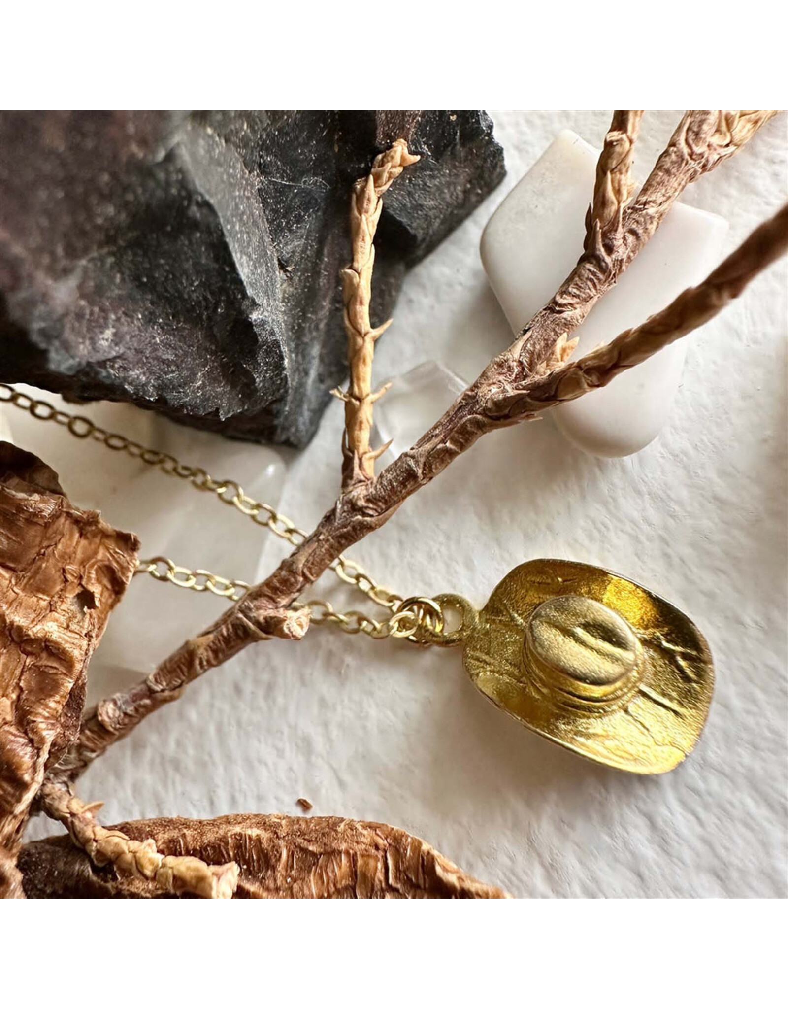 Pika & Bear Wild Wild West Cowboy Hat Charm Necklace - Raw Brass