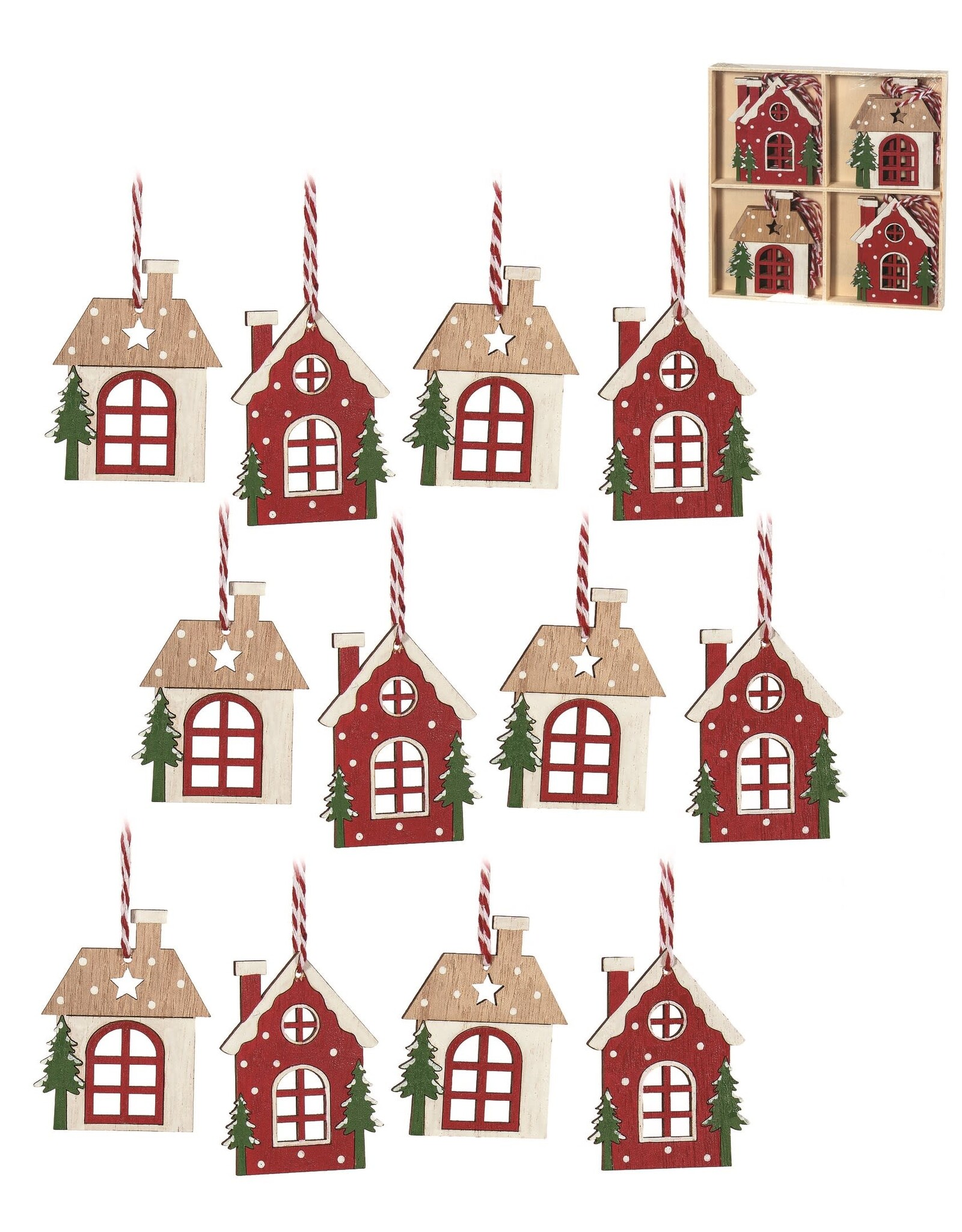 Wood House Ornament Set/12