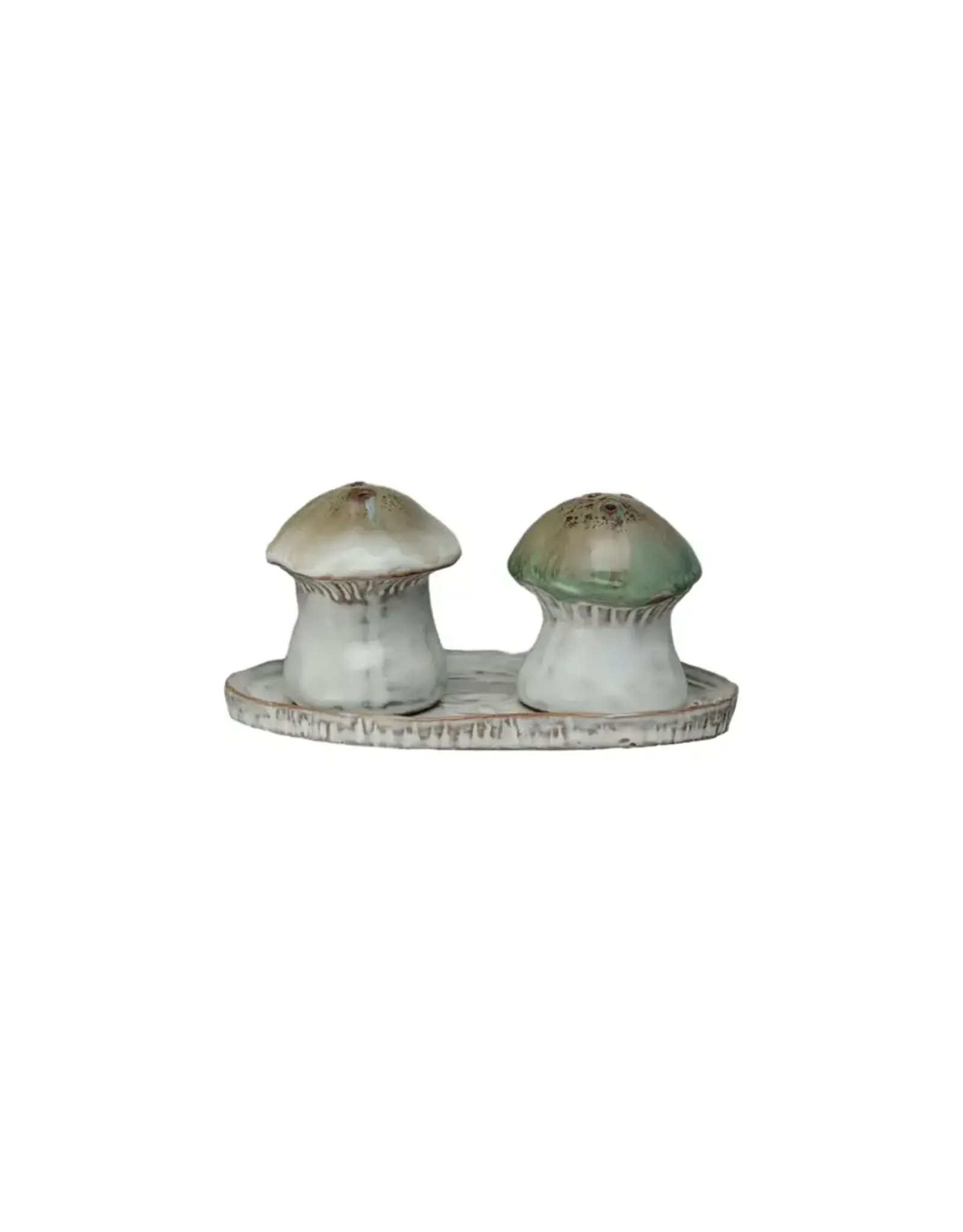Stoneware Mushroom Salt & Pepper Shakers w/ Tray