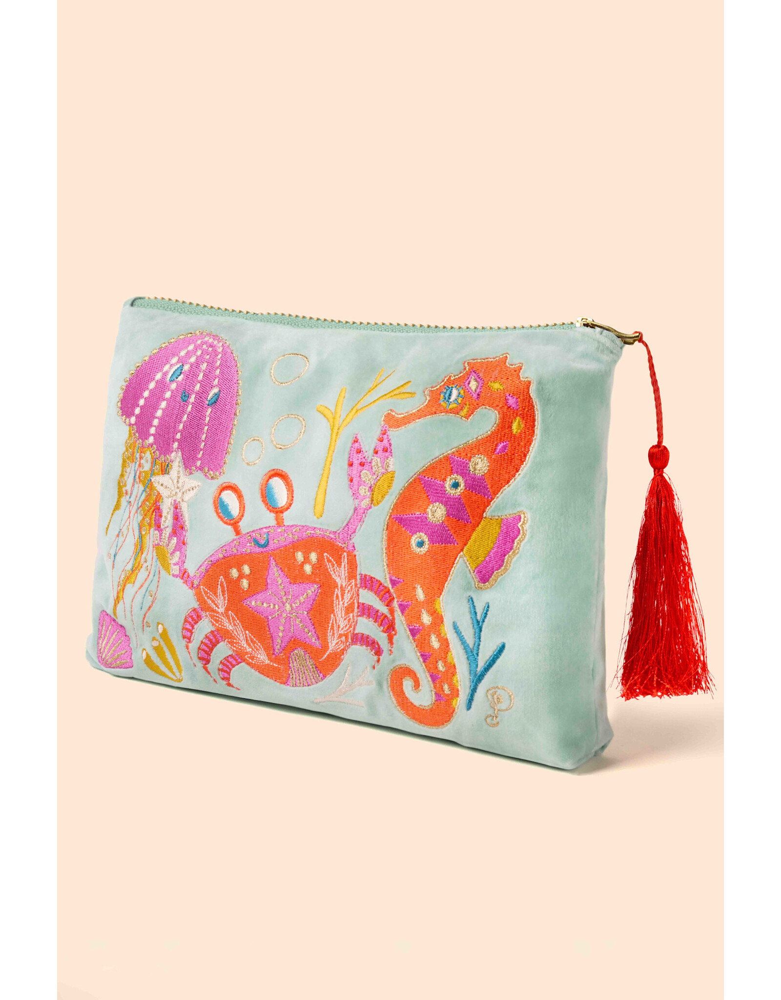 Powder Design Velvet Zip Pouch - Seashore Friends - Aqua
