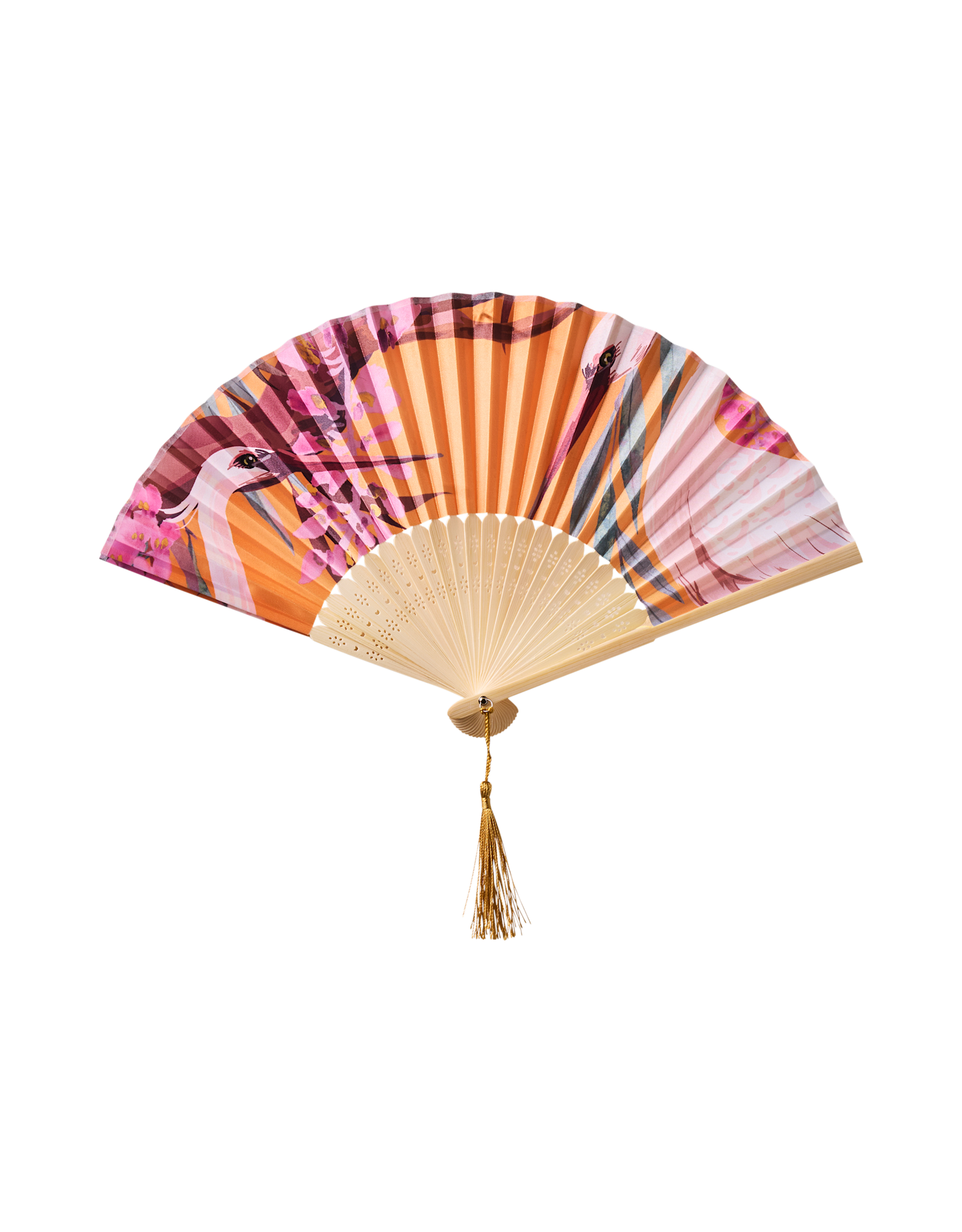 Powder Design Oriental Crane Polyester Satin Hand Fan