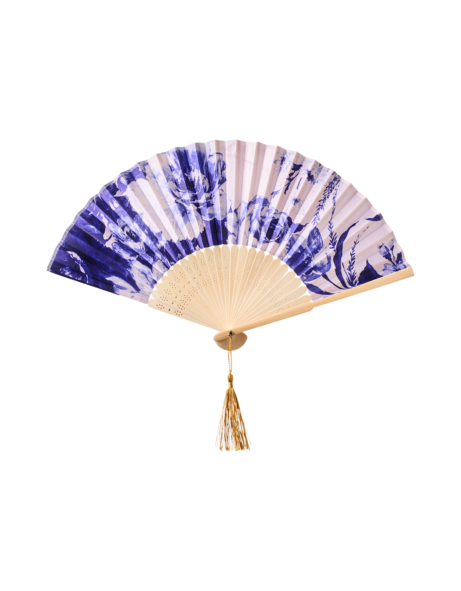 Powder Design China Blue Blooms Polyester Satin Hand Fan