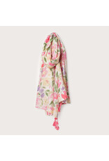 Lightweight Floral Print Scarf/Pompoms - Pink