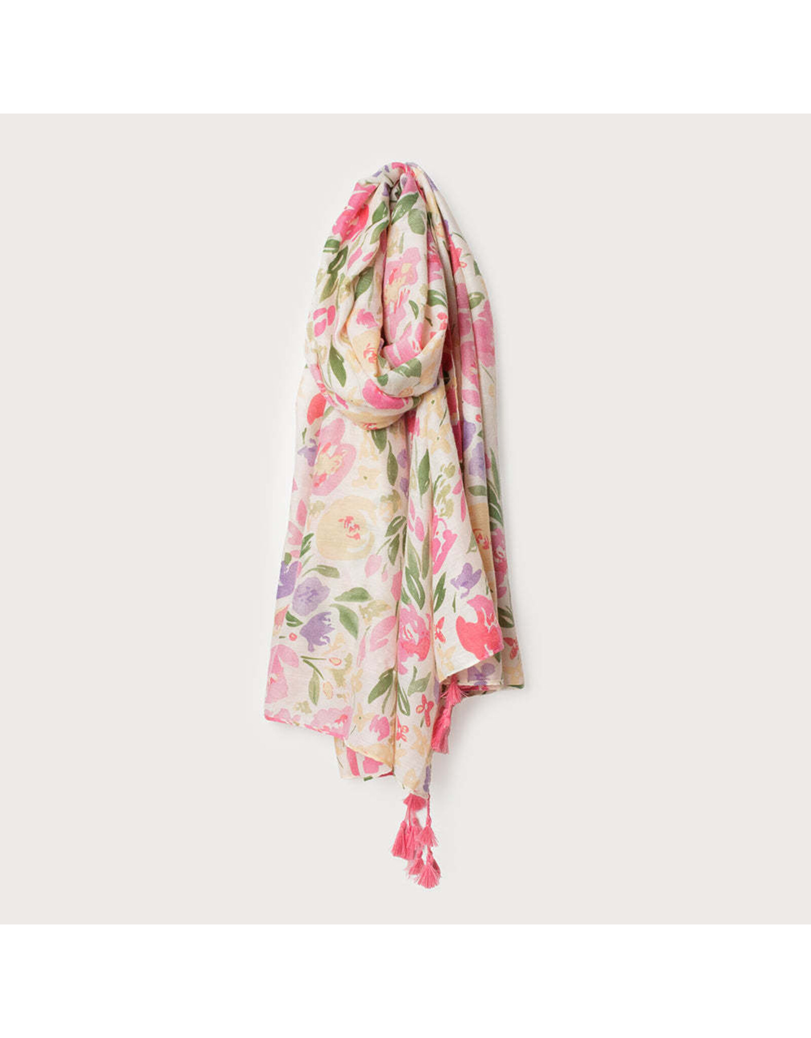 Lightweight Floral Print Scarf/Pompoms - Pink