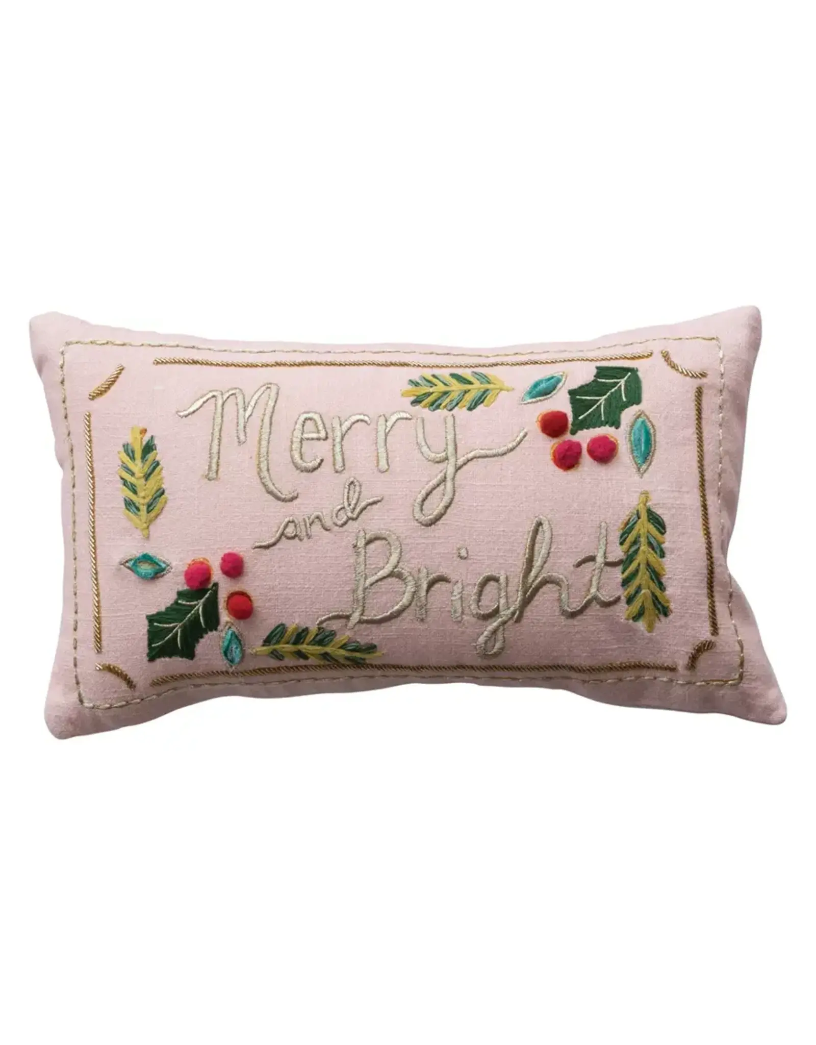 Lumbar Pillow with Merry and Bright Hand-Embroidery